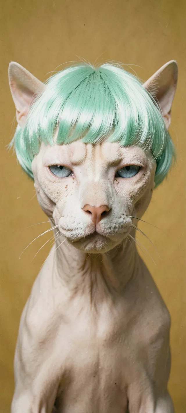 Sphynx Cat Wearing Mint Wig